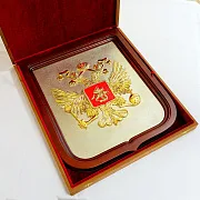 Плакетка «Герб России» из латуни и дерева — красивый подарок — фотография 9