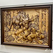 В подарок: Резная картина «Гон на лося» 60×46 см — фотография 3